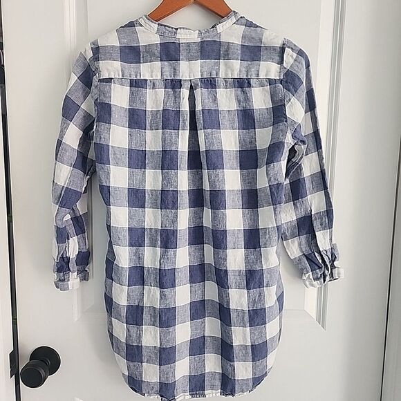 L.L. Bean 100% Linen Tunic Womens  Size S White Blue Check High Low V Neck - Picture 2 of 7